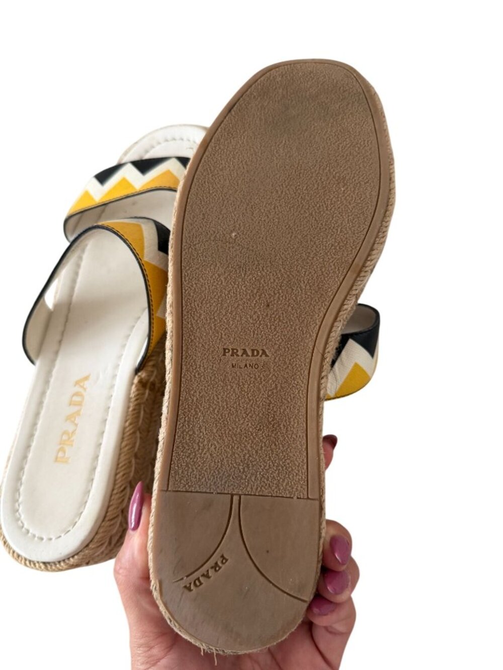 PRADA Zig Zag Beige Yellow Leather Platform Espadrilles Sandals Sz 37.5 / US 7.5 - Picture 2 of 9